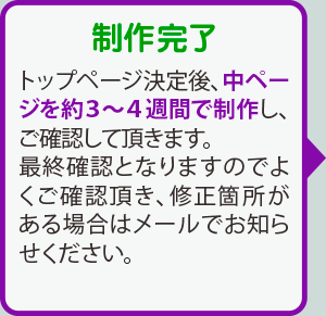 制作完了：トップページ決定後、中ページを約３～４週間で制作し、ご確認して頂きます。最終確認となりますのでよくご確認頂き、修正箇所がある場合はメールでお知らせください。